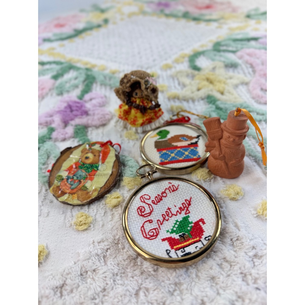 Vintage Christmas Ornament Lot Cross Stitch Wood Slice Bear Snowman Doll 5pc
